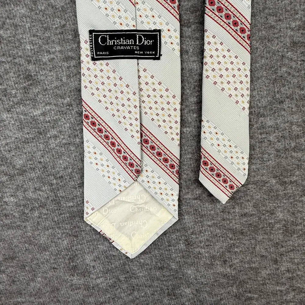 Vintage Christian Dior Cravates Paris Tie Polyester Geometric Striped Light Grey